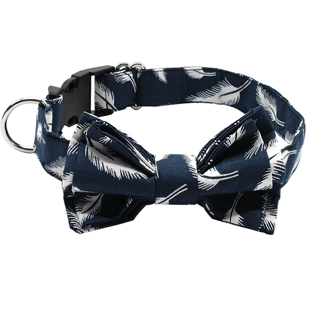 Collar - Navy Blue with white feather pattern with clip