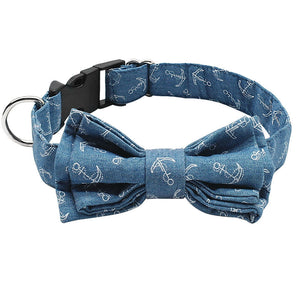Collar - Bow tie blue denim look fabric with white anchors